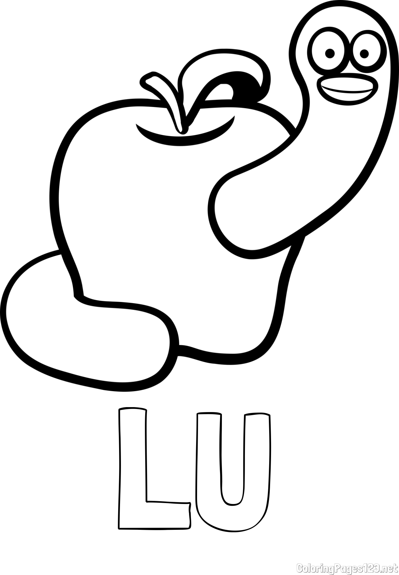 LU Coloring Page and Apple and Smiling Worm Coloring Page