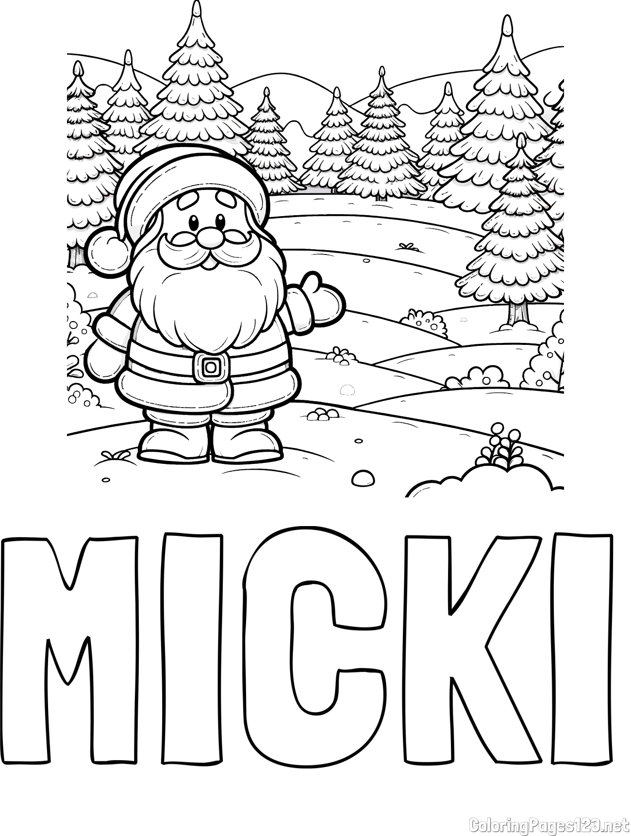 MICKI Coloring Page and Coloring Page of a Cheerful Santa Claus