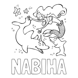 Online Created Coloring Page - NABIHA Coloring Page and Coloring Page of a Mermaid Playing with Dolphins