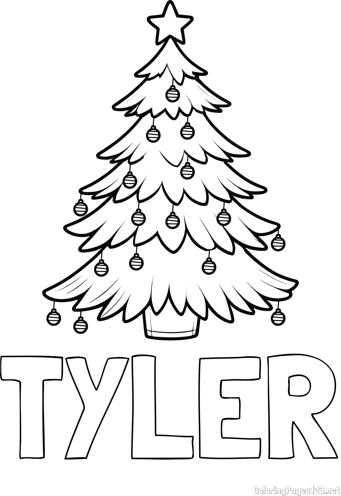 TYLER Coloring Page and Christmas Tree with Star and Ornaments Coloring Page