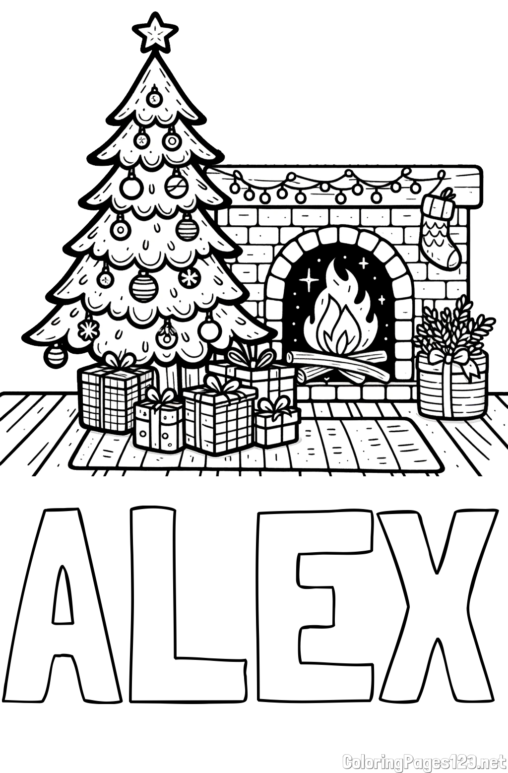 ALEX Coloring Page and Coloring Page of a Christmas Tree with Presents and a Fireplace