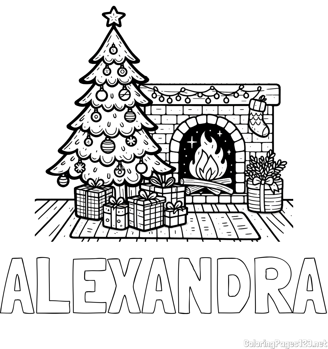 ALEXANDRA Coloring Page and Coloring Page of a Christmas Tree with Presents and a Fireplace