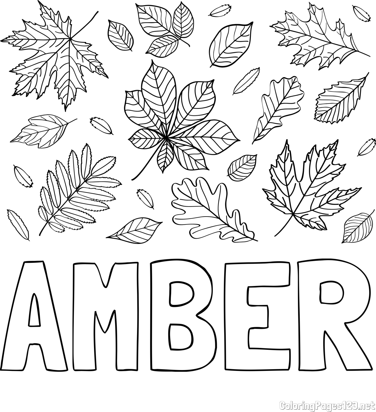 AMBER Coloring Page and Autumn Leaves Coloring Page