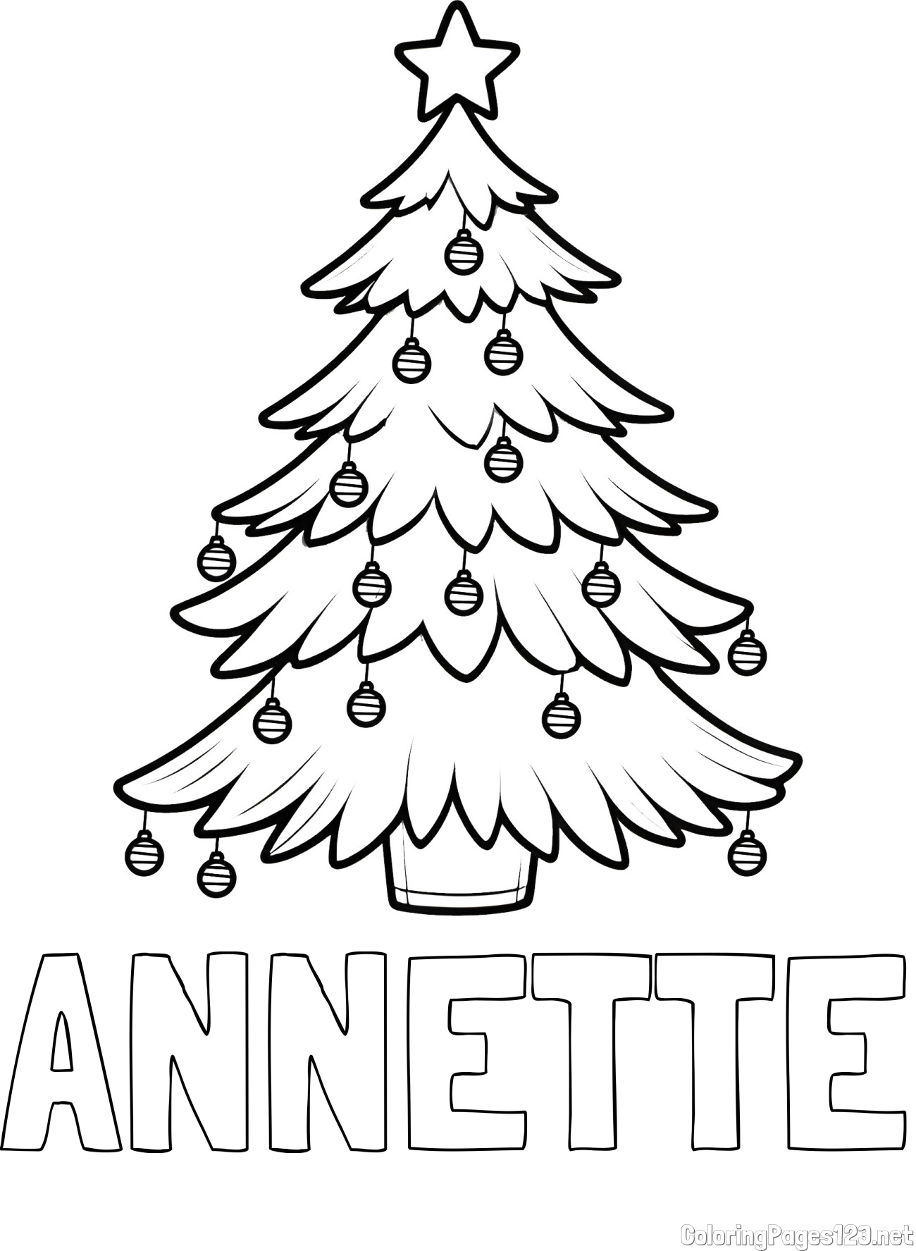 ANNETTE Coloring Page and Christmas Tree with Star and Ornaments Coloring Page