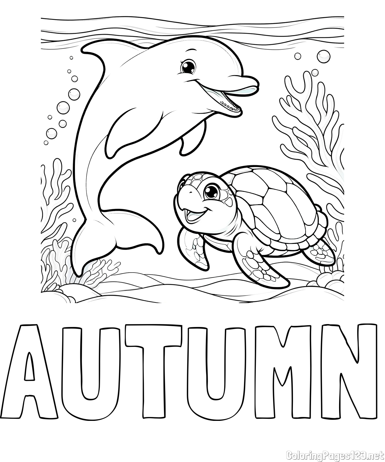 AUTUMN Coloring Page and Coloring Book of a Cute Dolphin with a Turtle in the Sea