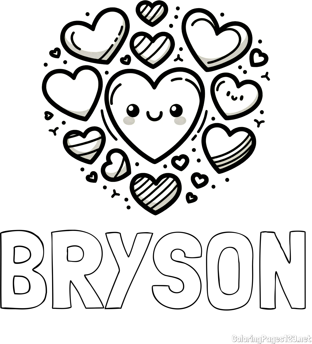 BRYSON Coloring Page and Coloring Page of a Cute Cat Surrounded by Hearts