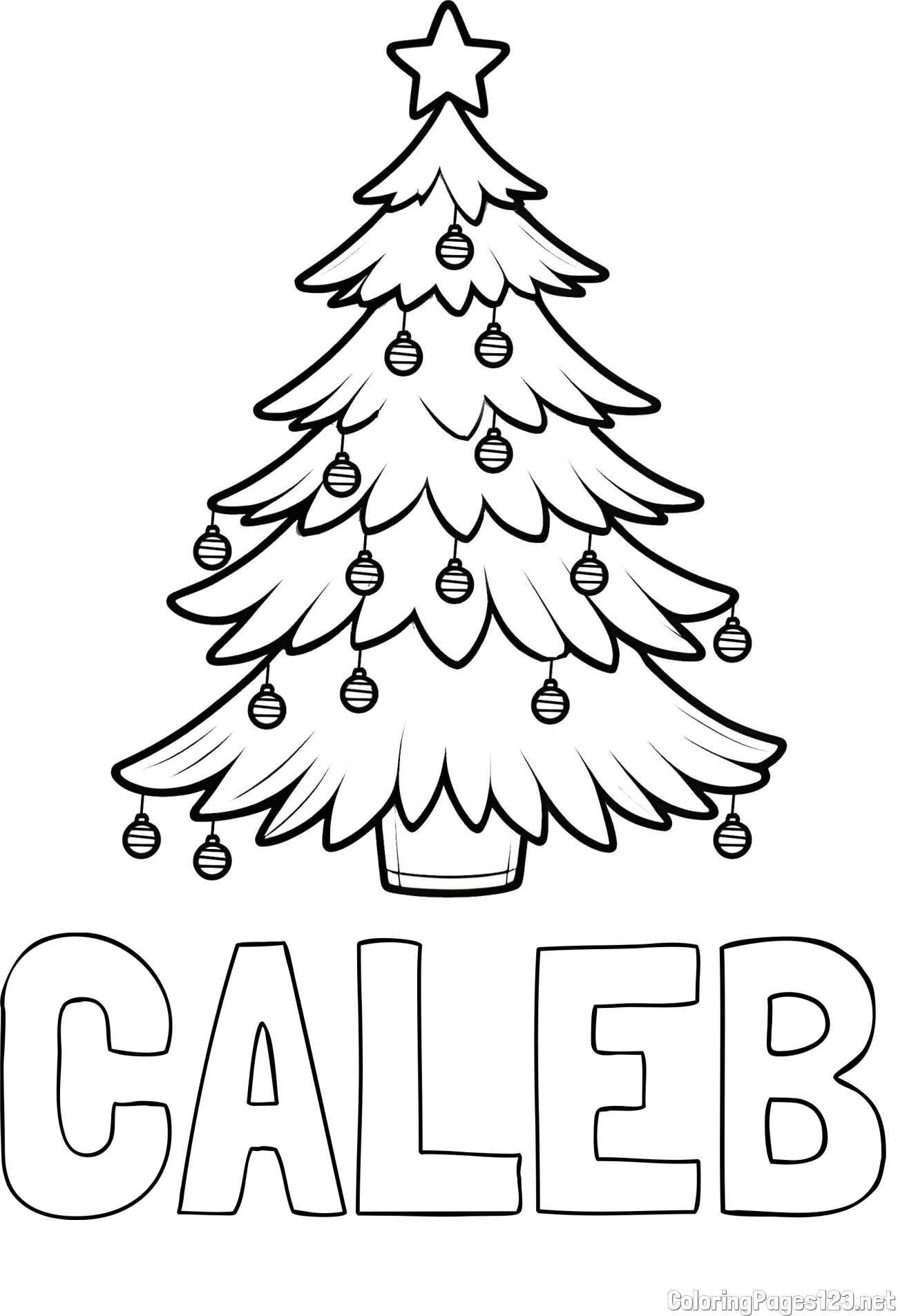 CALEB Coloring Page and Christmas Tree with Star and Ornaments Coloring Page