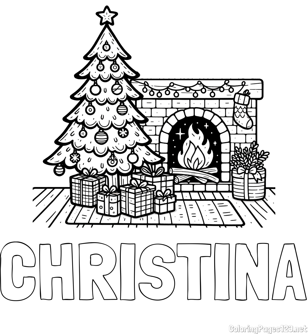 CHRISTINA Coloring Page and Coloring Page of a Christmas Tree with Presents and a Fireplace