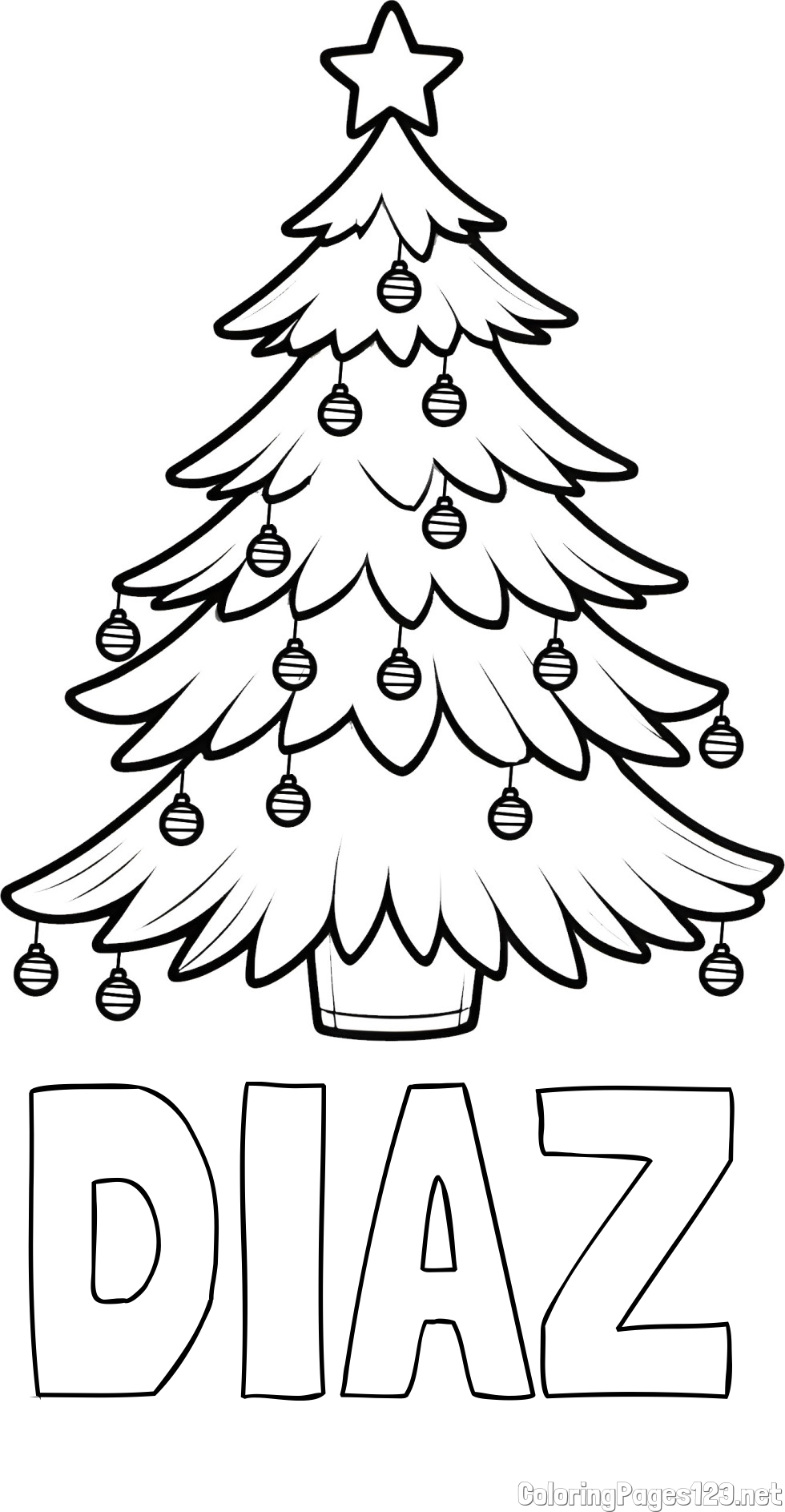 DIAZ Coloring Page and Christmas Tree with Star and Ornaments Coloring Page