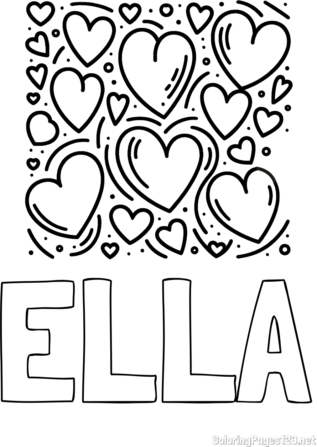 ELLA Coloring Page and Free Printable Coloring Page of Hearts