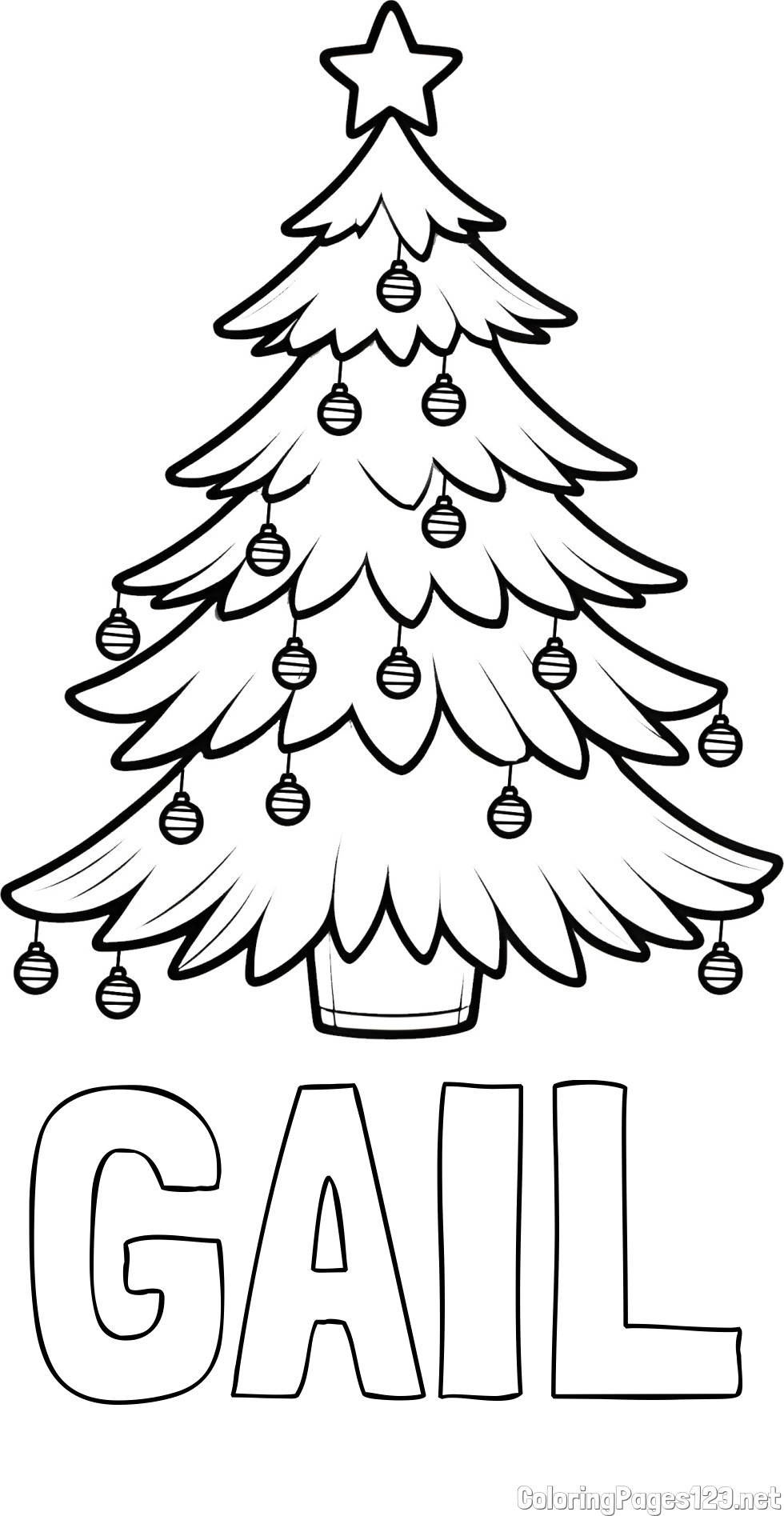 GAIL Coloring Page and Christmas Tree with Star and Ornaments Coloring Page