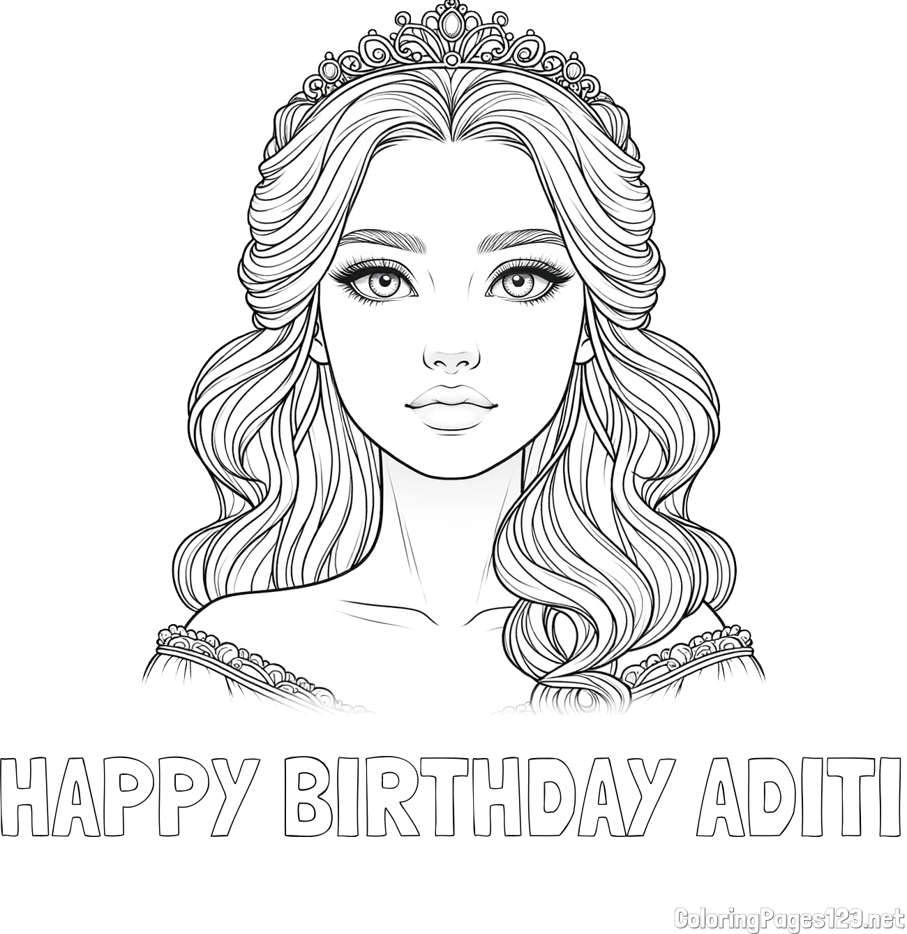 HAPPY BIRTHDAY ADITI Coloring Page and Coloring Page of a Gorgeously Beautiful Princess