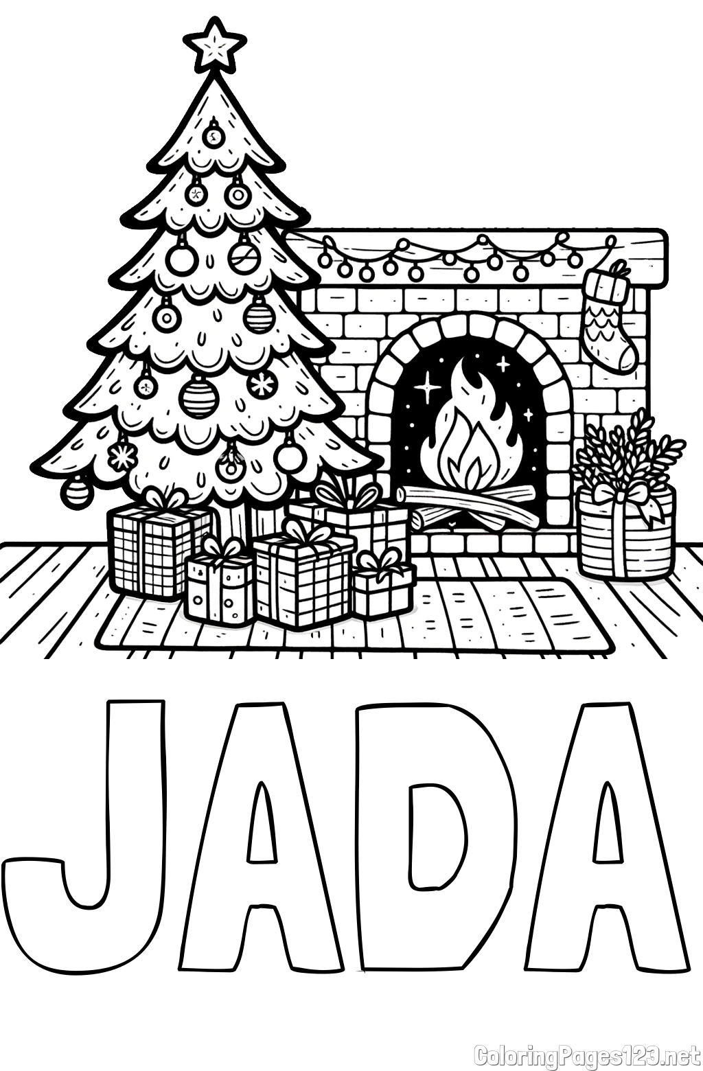 JADA Coloring Page and Coloring Page of a Christmas Tree with Presents and a Fireplace