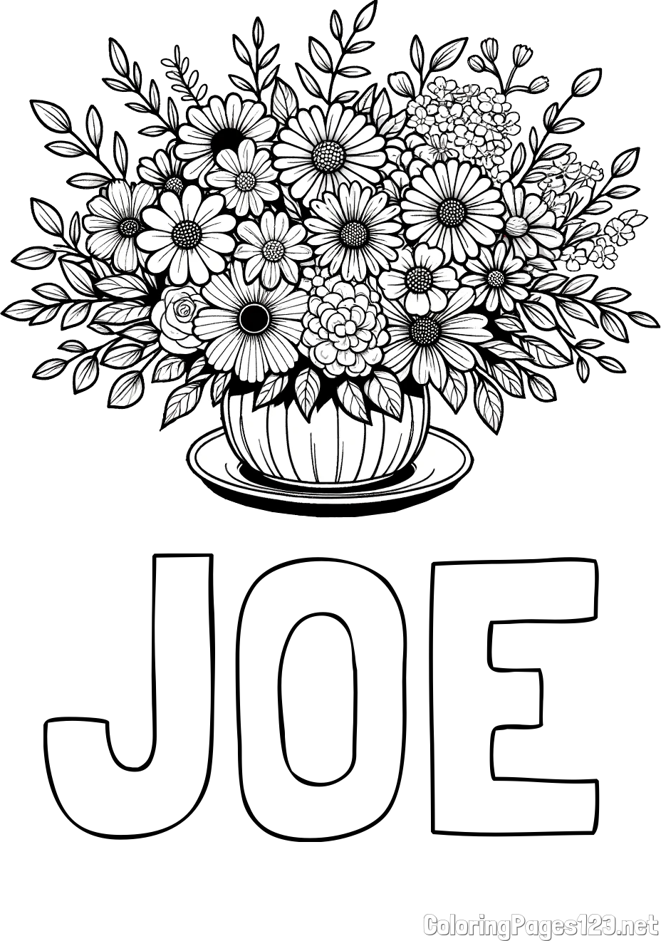 JOE Coloring Page and Beautiful Bouquet of Flowers Coloring Page