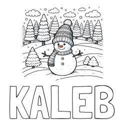 Online Created Coloring Page - KALEB Coloring Page and Coloring Page of a Snowman with Pine Trees in the Background