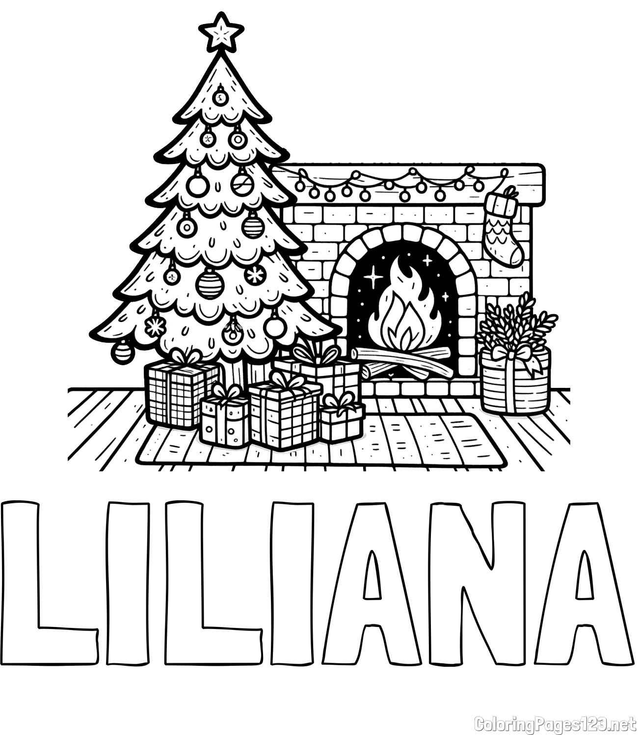 LILIANA Coloring Page and Coloring Page of a Christmas Tree with Presents and a Fireplace