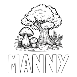 Online Created Coloring Page - MANNY Coloring Page and Coloring Page of Two Mushrooms and a Big Tree