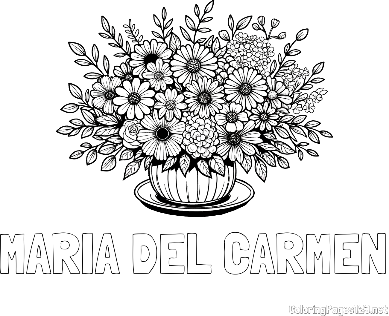 MARIA DEL CARMEN Coloring Page and Beautiful Bouquet of Flowers Coloring Page