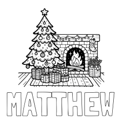 Online Created Coloring Page - MATTHEW Coloring Page and Coloring Page of a Christmas Tree with Presents and a Fireplace