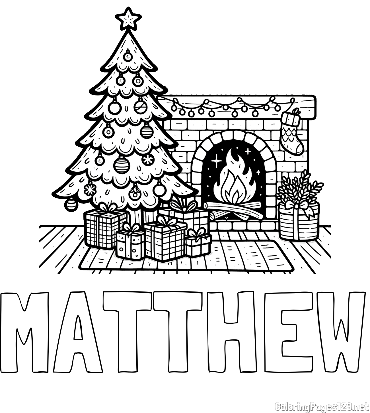 MATTHEW Coloring Page and Coloring Page of a Christmas Tree with Presents and a Fireplace