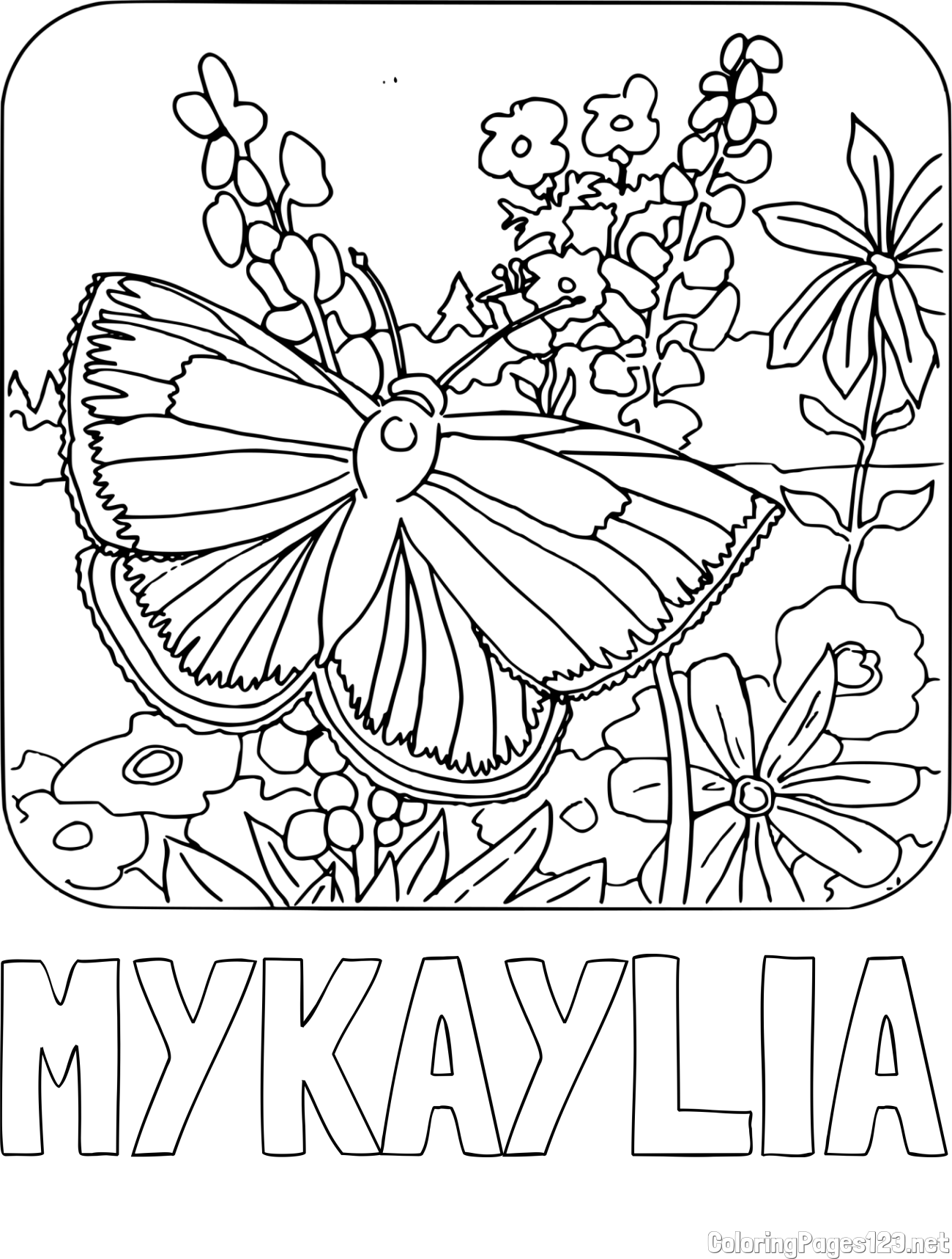 MYKAYLIA Coloring Page and Butterfly on Flower Coloring Page