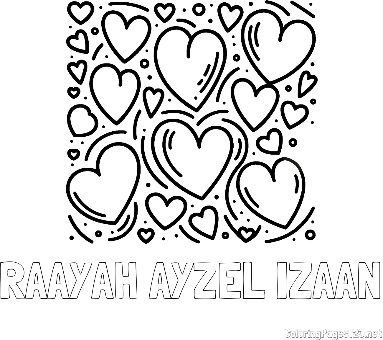RAAYAH AYZEL IZAAN Coloring Page and Free Printable Coloring Page of Hearts