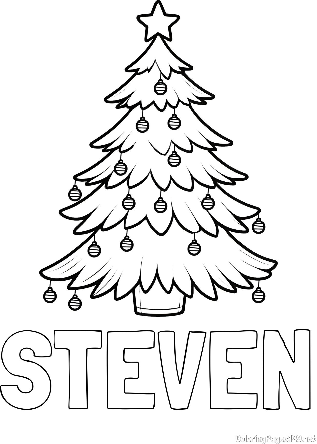 STEVEN Coloring Page and Christmas Tree with Star and Ornaments Coloring Page