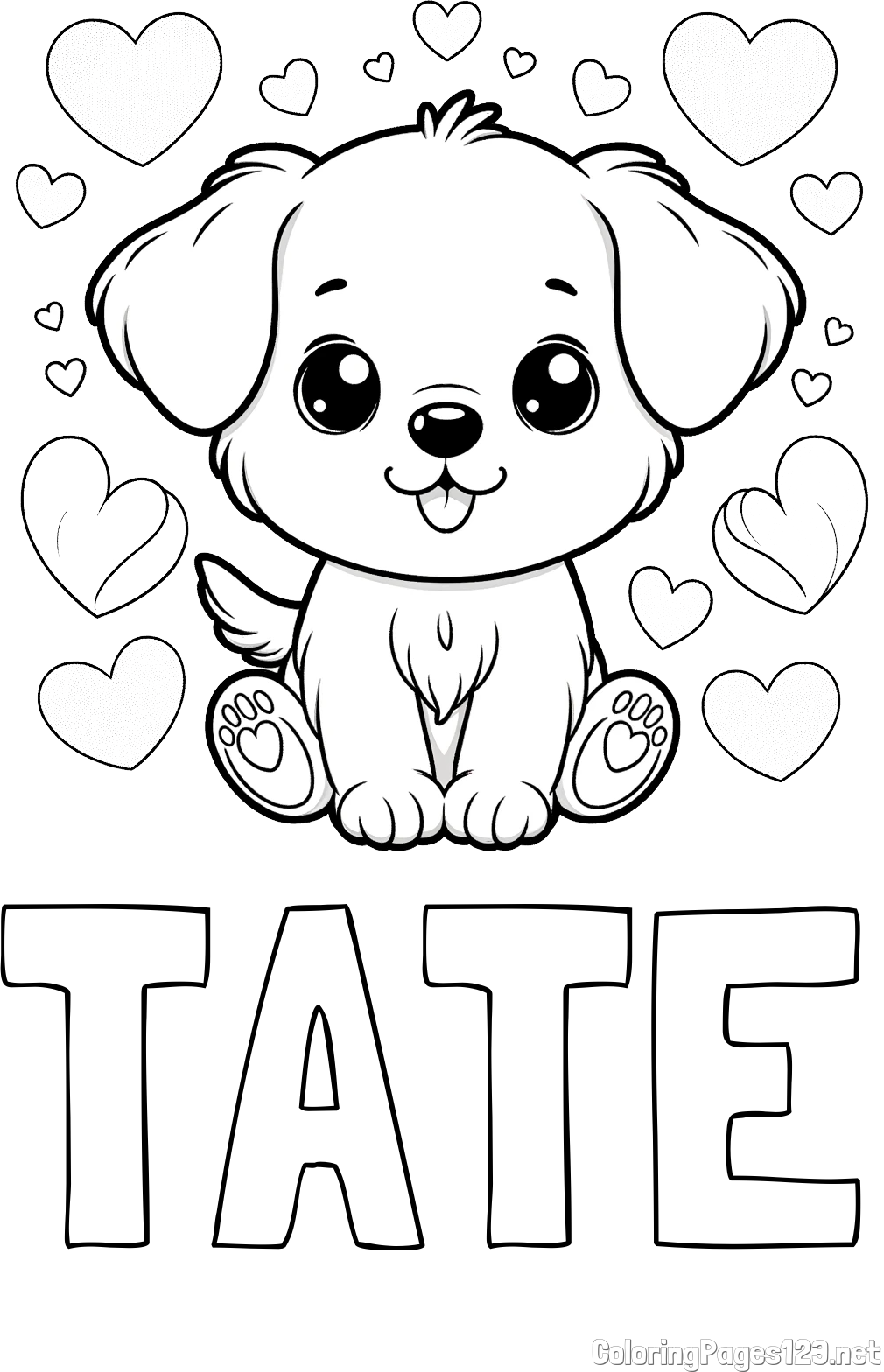 TATE Coloring Page and Coloring Page of a Cute Dog and Hearts