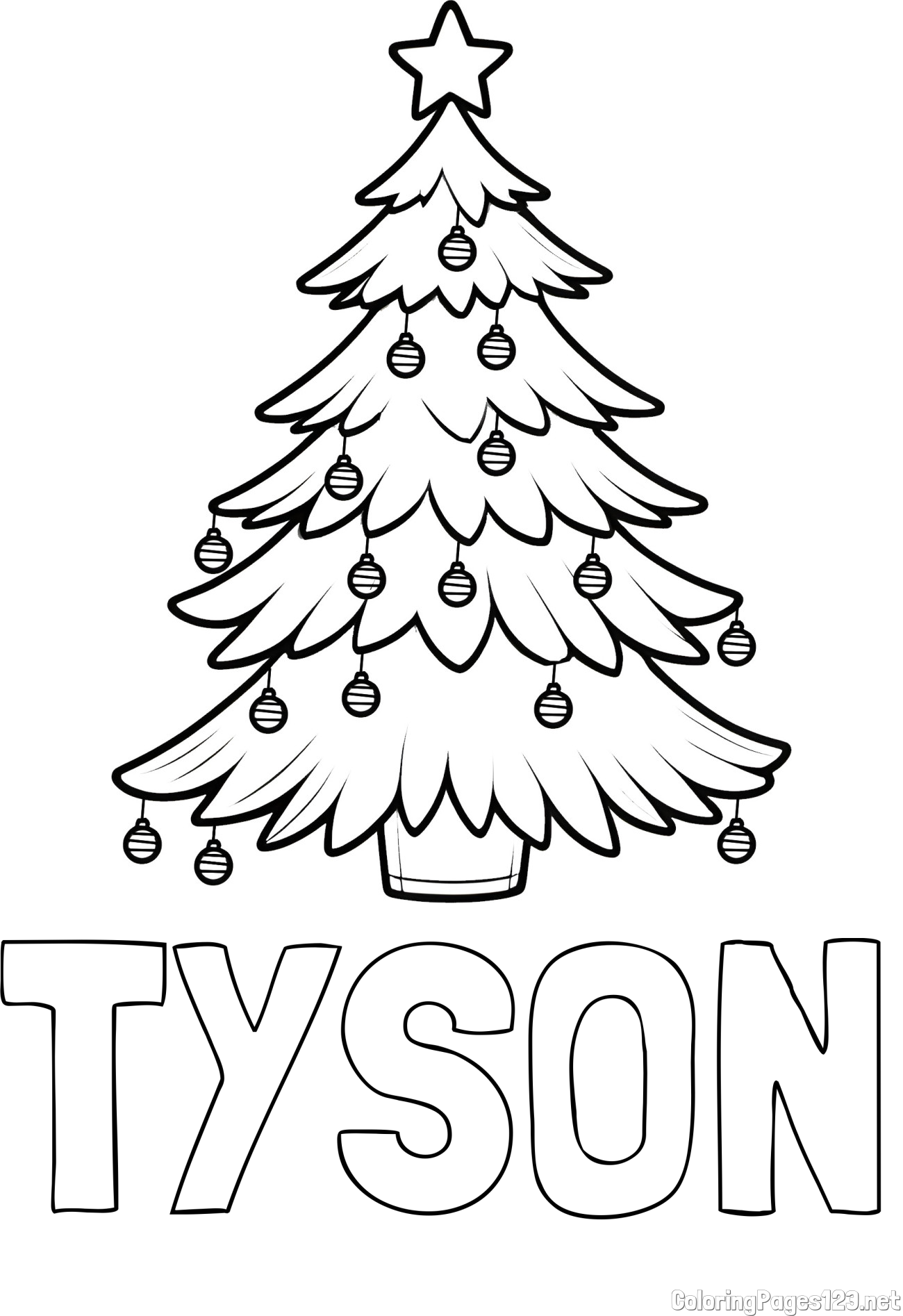 TYSON Coloring Page and Christmas Tree with Star and Ornaments Coloring Page