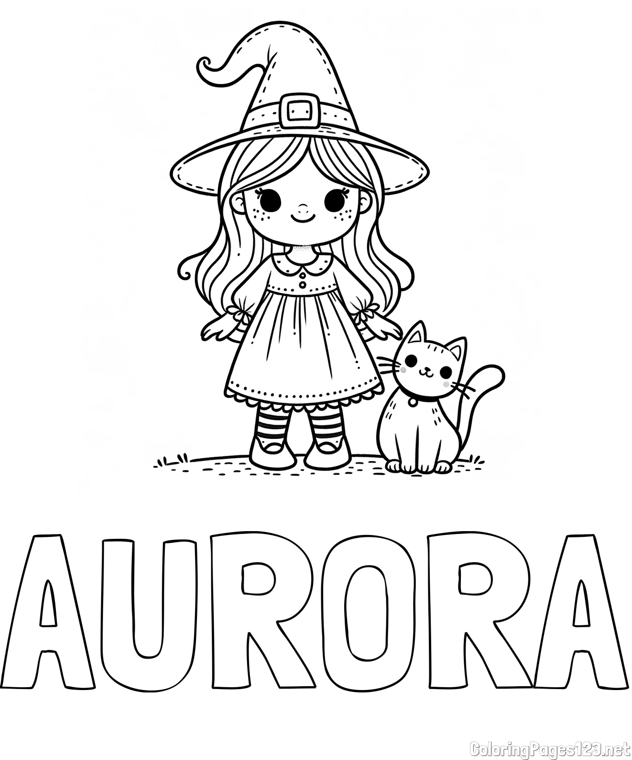AURORA Coloring Page and Wonderful Coloring Page of a Cute Witch and a Smiling Cat