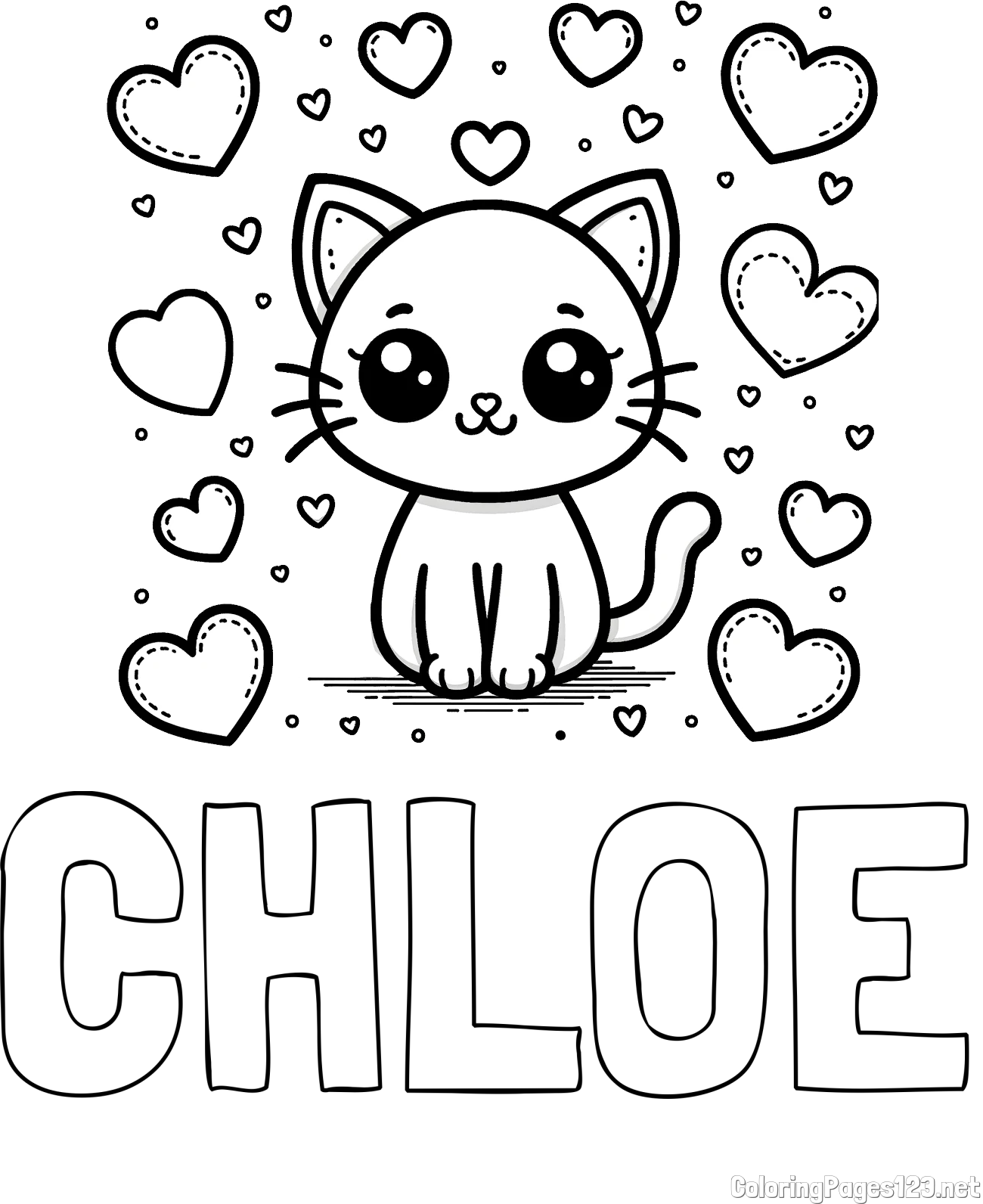 CHLOE Coloring Page and Free Coloring Page of a Cat and Hearts