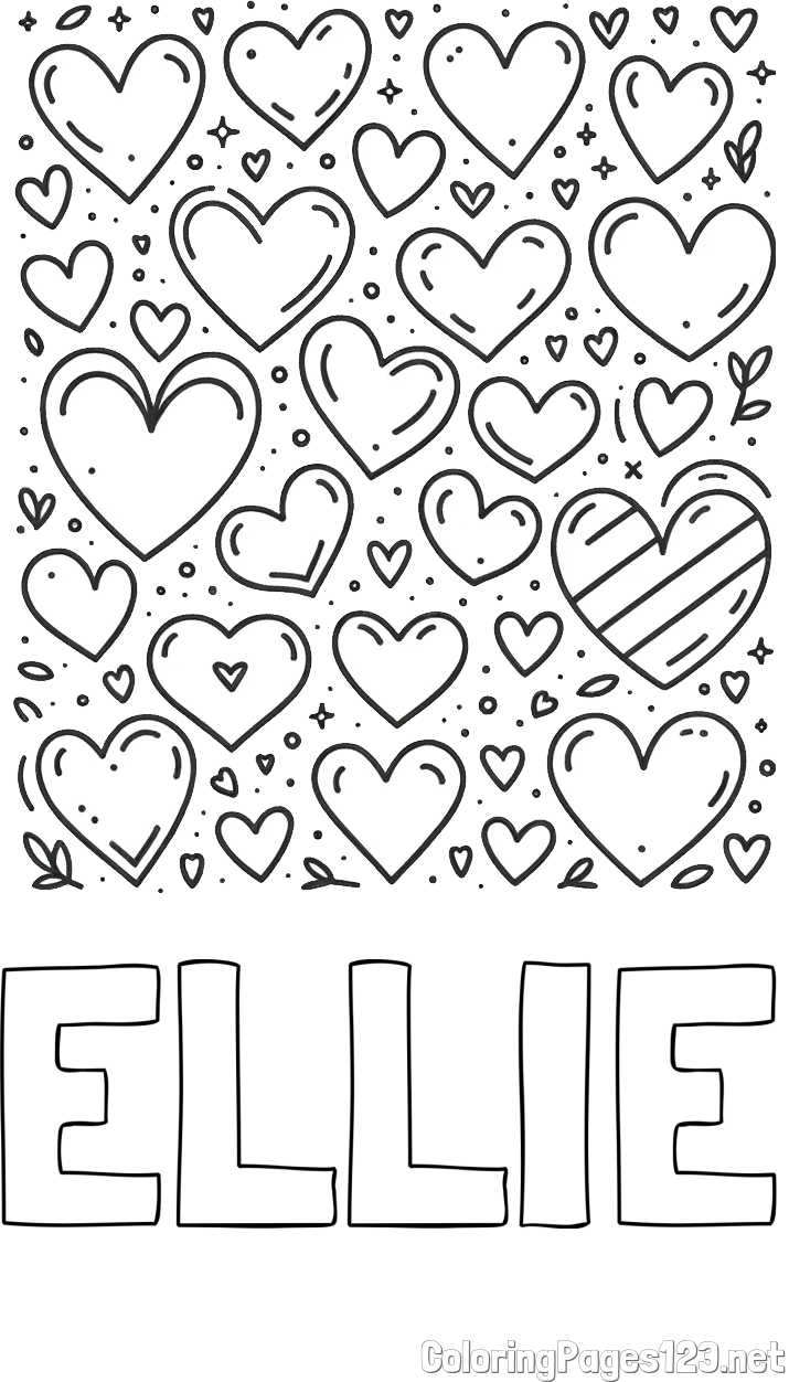 ELLIE Coloring Page and Children's Coloring Page of Many Hearts