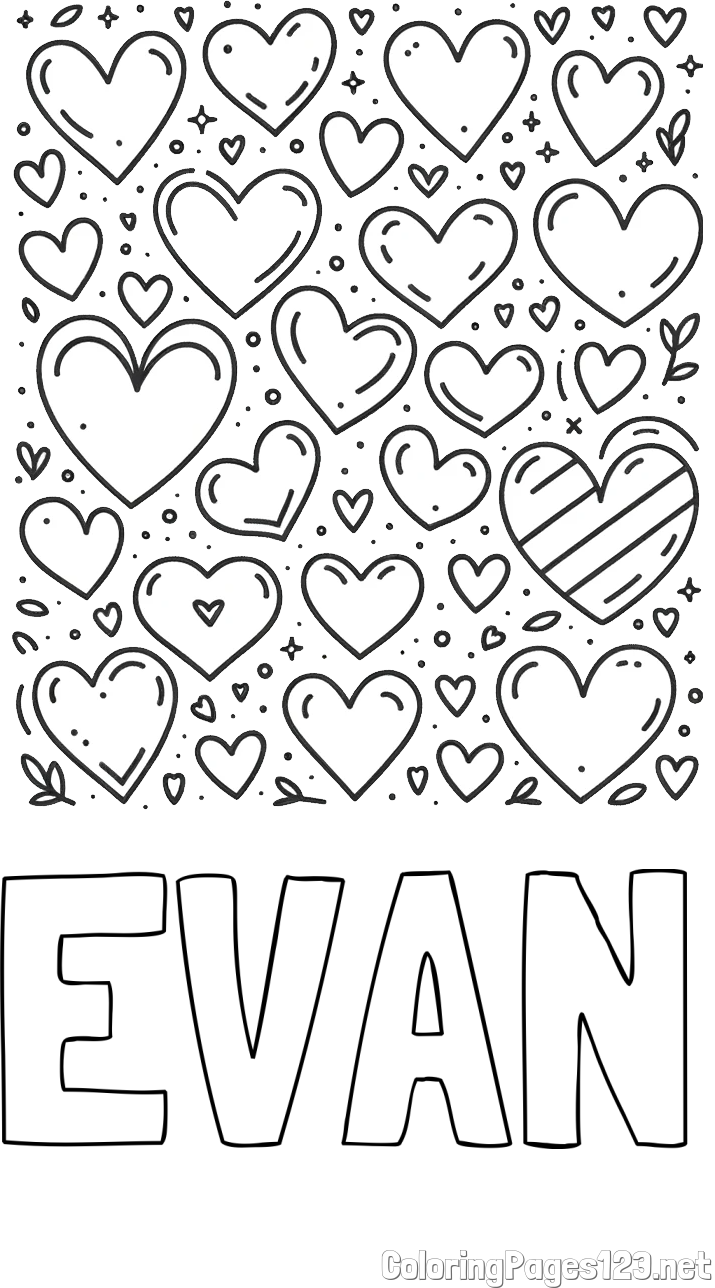 EVAN Coloring Page and Children's Coloring Page of Many Hearts