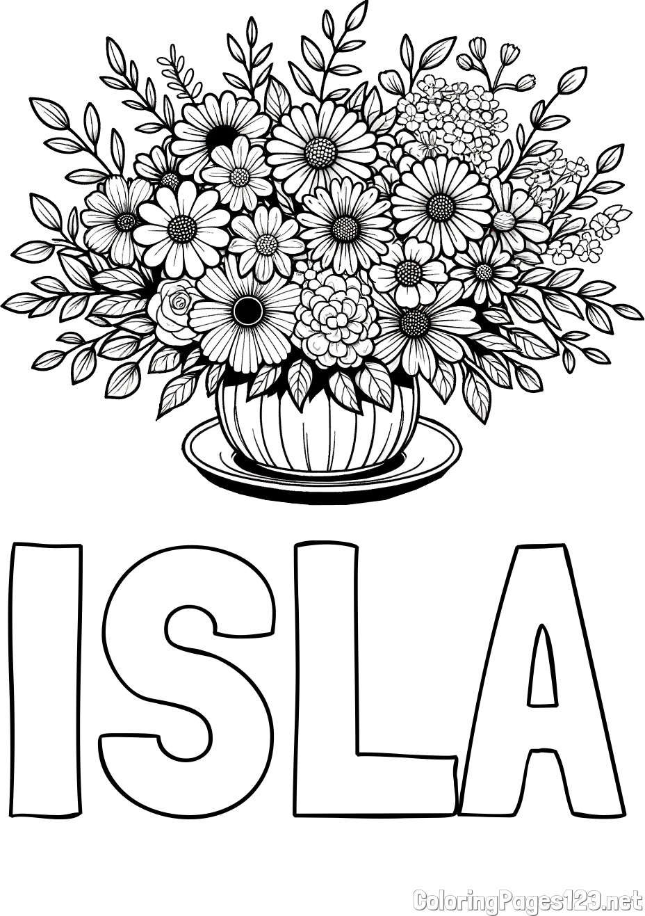 ISLA Coloring Page and Beautiful Bouquet of Flowers Coloring Page
