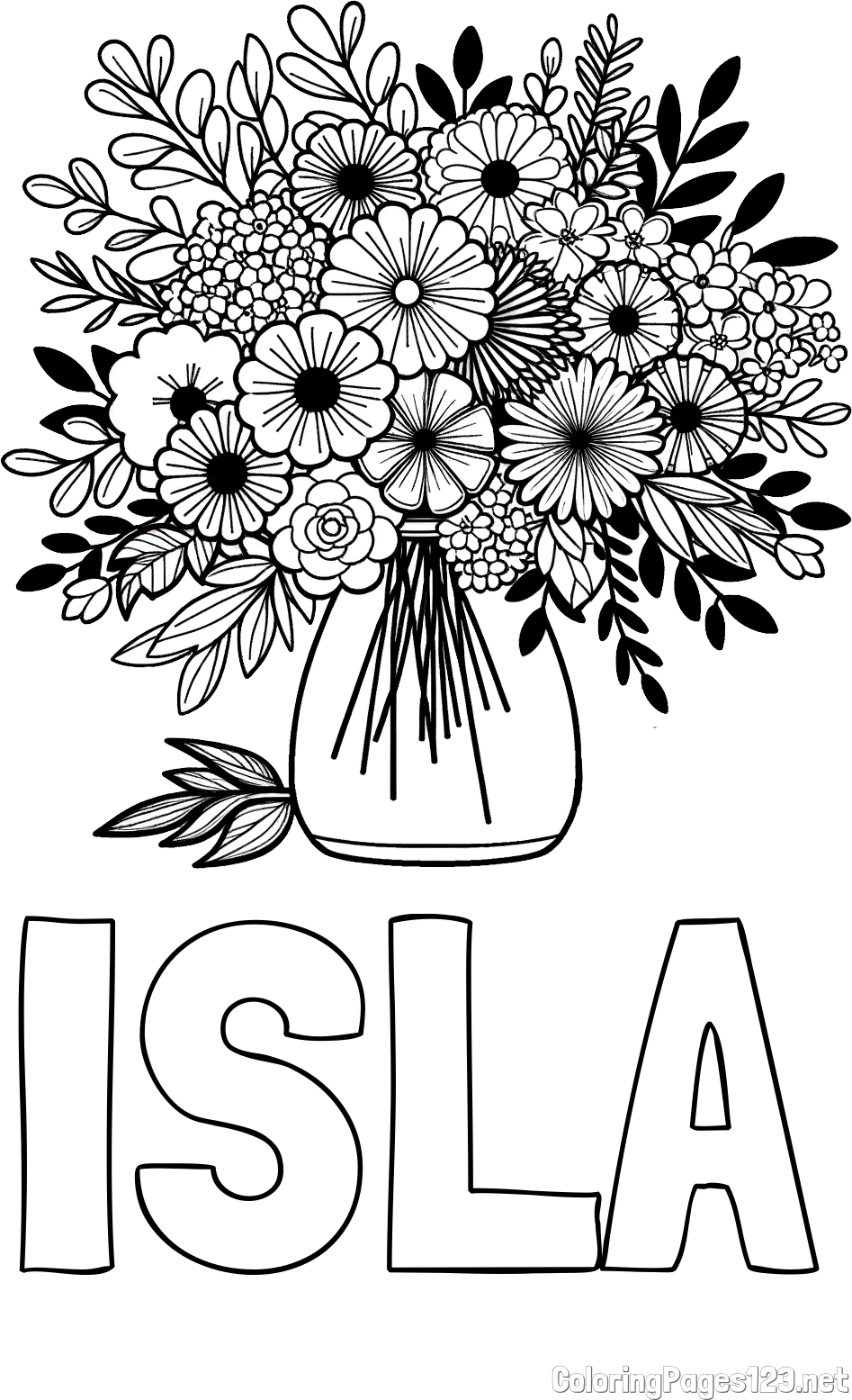 ISLA Coloring Page and Flower Bouquet Coloring Page