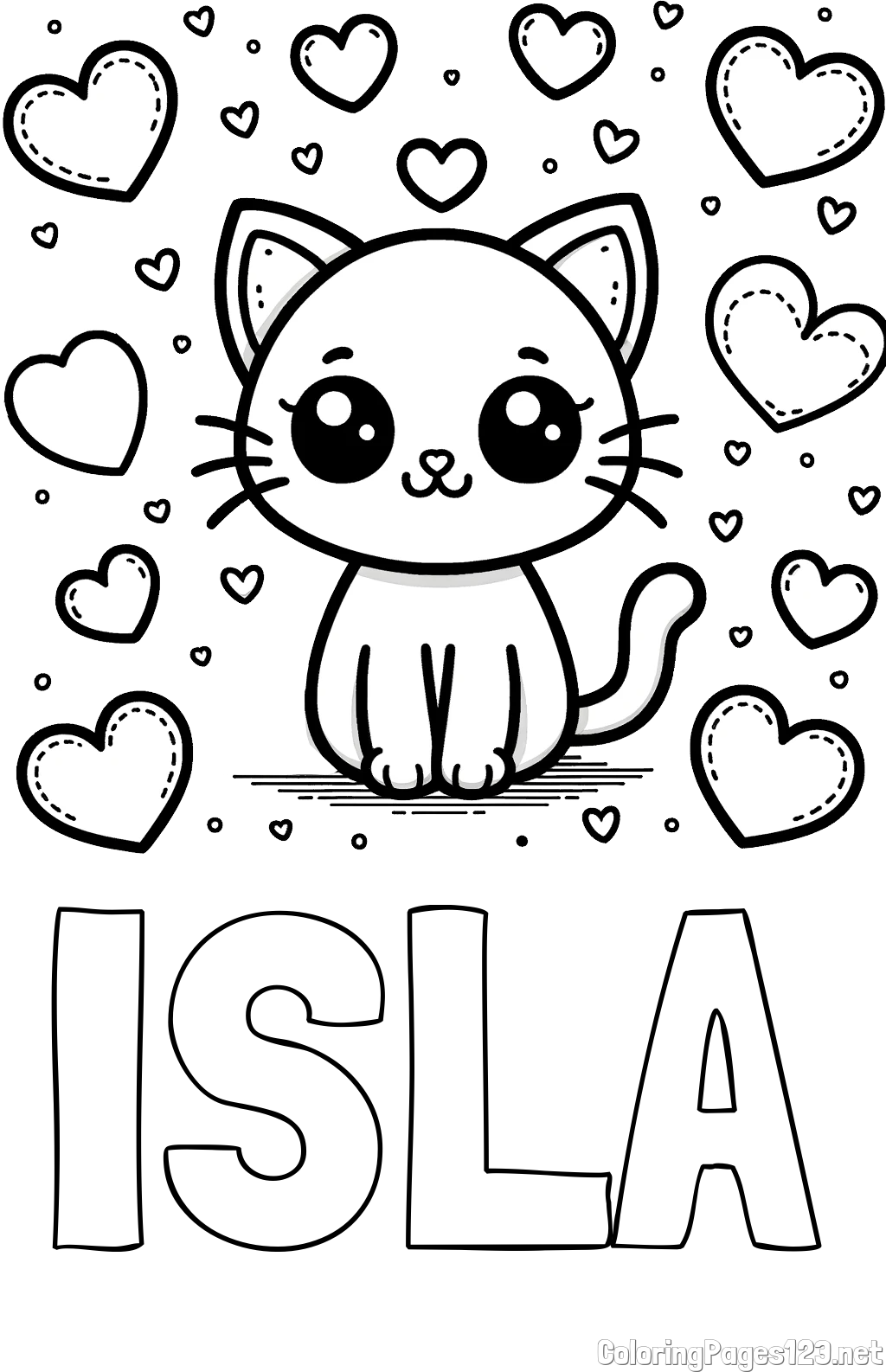 ISLA Coloring Page and Free Coloring Page of a Cat and Hearts