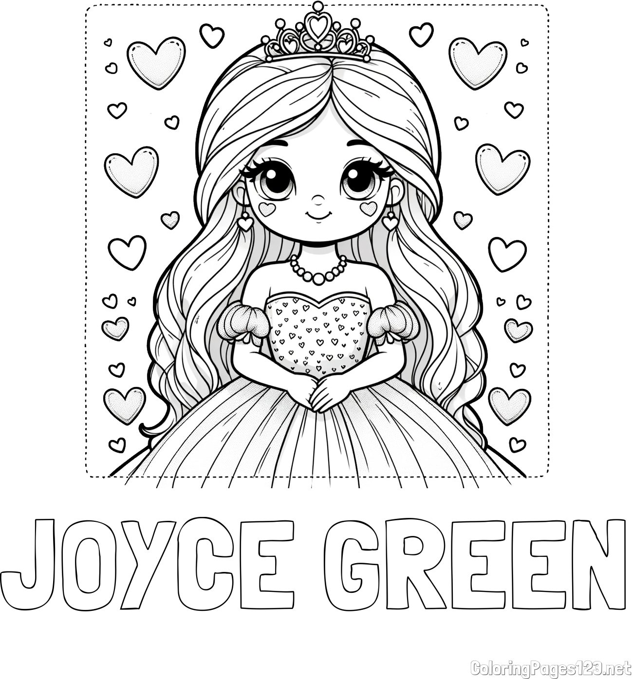 JOYCE GREEN Coloring Page and Coloring Page of a Princess Surrounded by Hearts