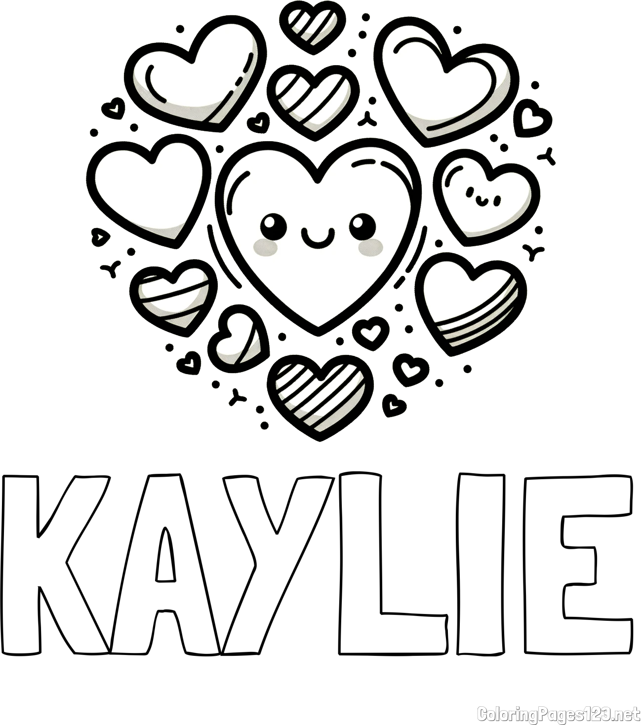 KAYLIE Coloring Page and Coloring Page of a Cute Cat Surrounded by Hearts