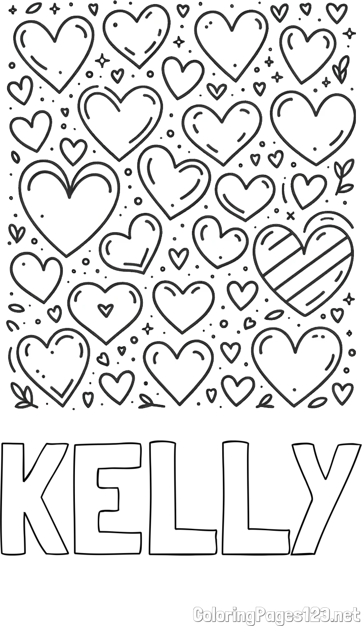 KELLY Coloring Page and Children's Coloring Page of Many Hearts