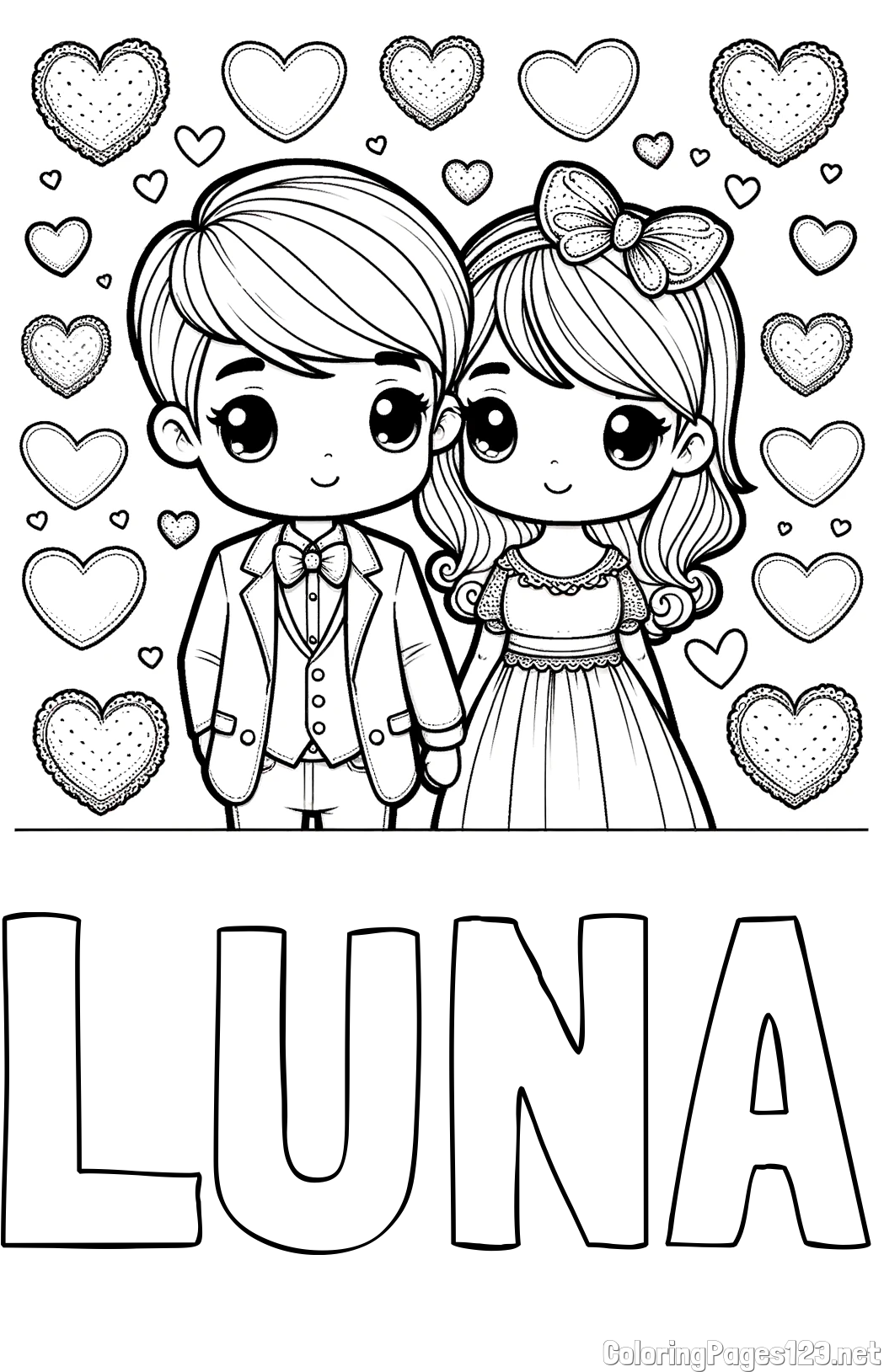 LUNA Coloring Page and Coloring Page of a Couple Surrounded by Hearts