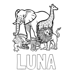 Online Created Coloring Page - LUNA Coloring Page and Zoo Animals Coloring Page - Elephant, Tiger, Monkey, and Crocodile