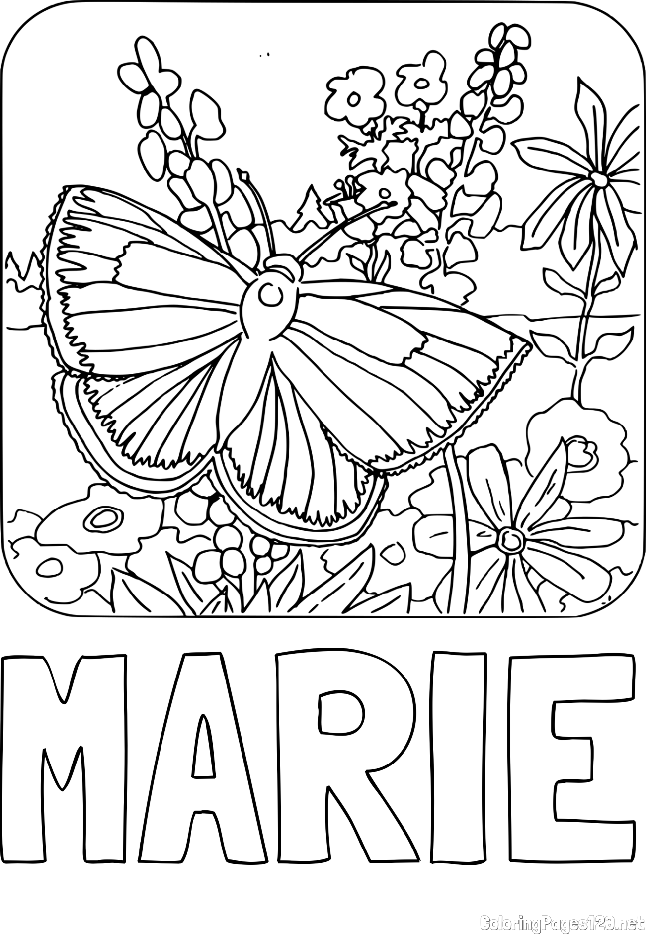 MARIE Coloring Page and Butterfly on Flower Coloring Page