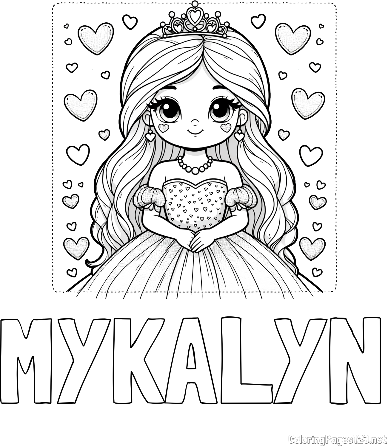MYKALYN Coloring Page and Coloring Page of a Princess Surrounded by Hearts