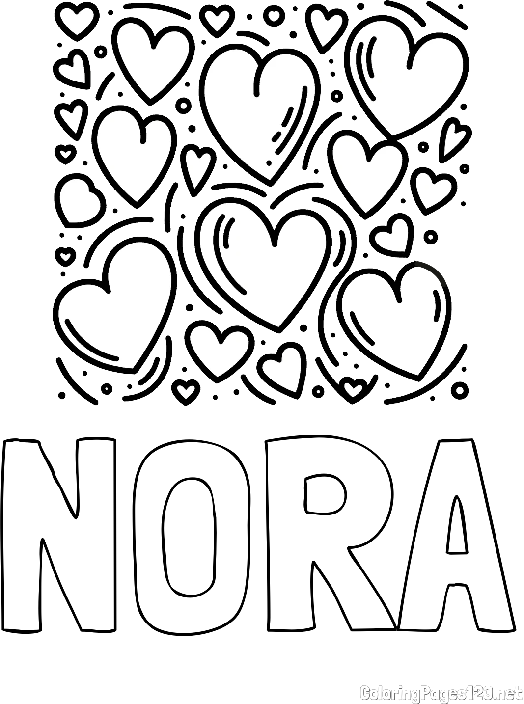 NORA Coloring Page and Free Printable Coloring Page of Hearts