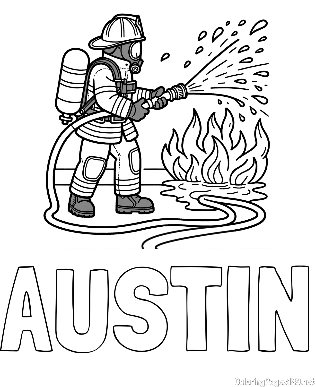 AUSTIN Coloring Page and A coloring page of a firefighter and a big fire