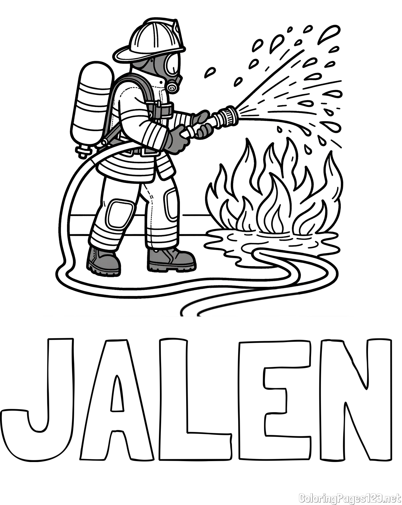 JALEN Coloring Page and A coloring page of a firefighter and a big fire