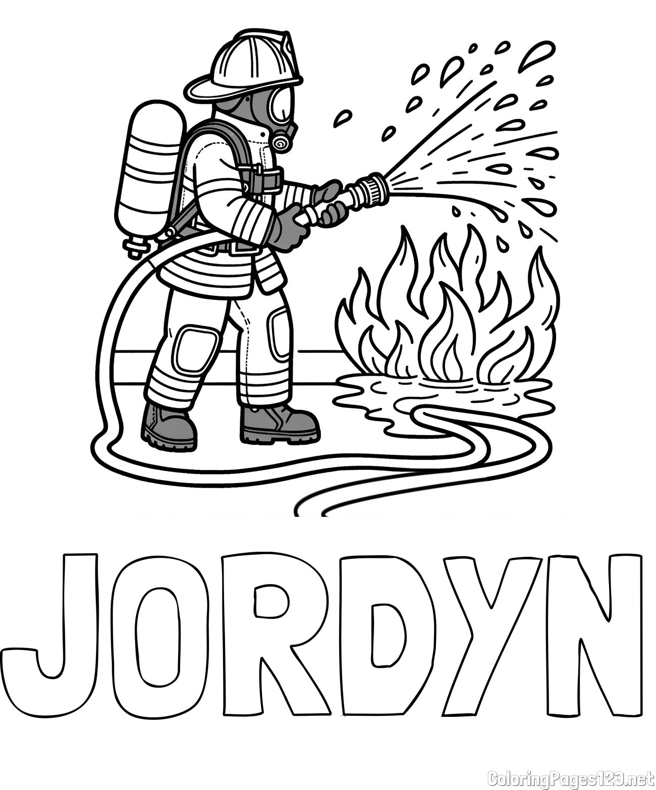 JORDYN Coloring Page and A coloring page of a firefighter and a big fire