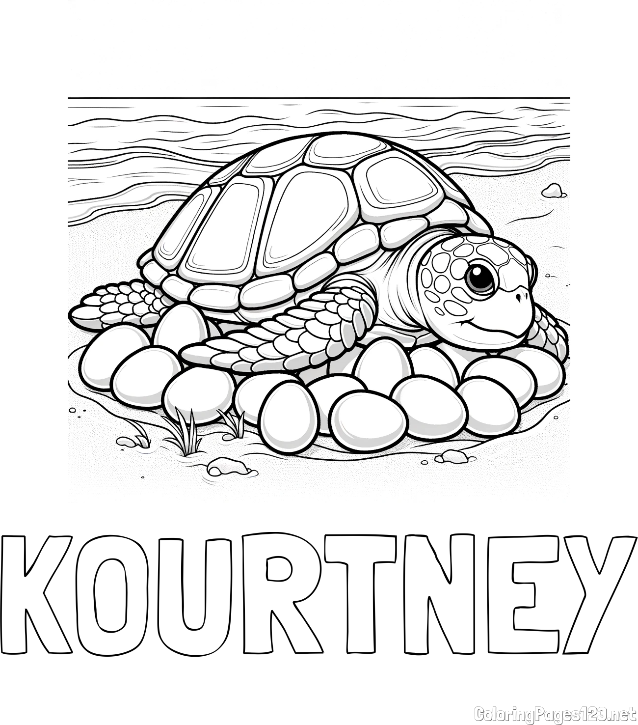 KOURTNEY Coloring Page and Coloring Page of a Realistic Sea Turtle Laying Eggs