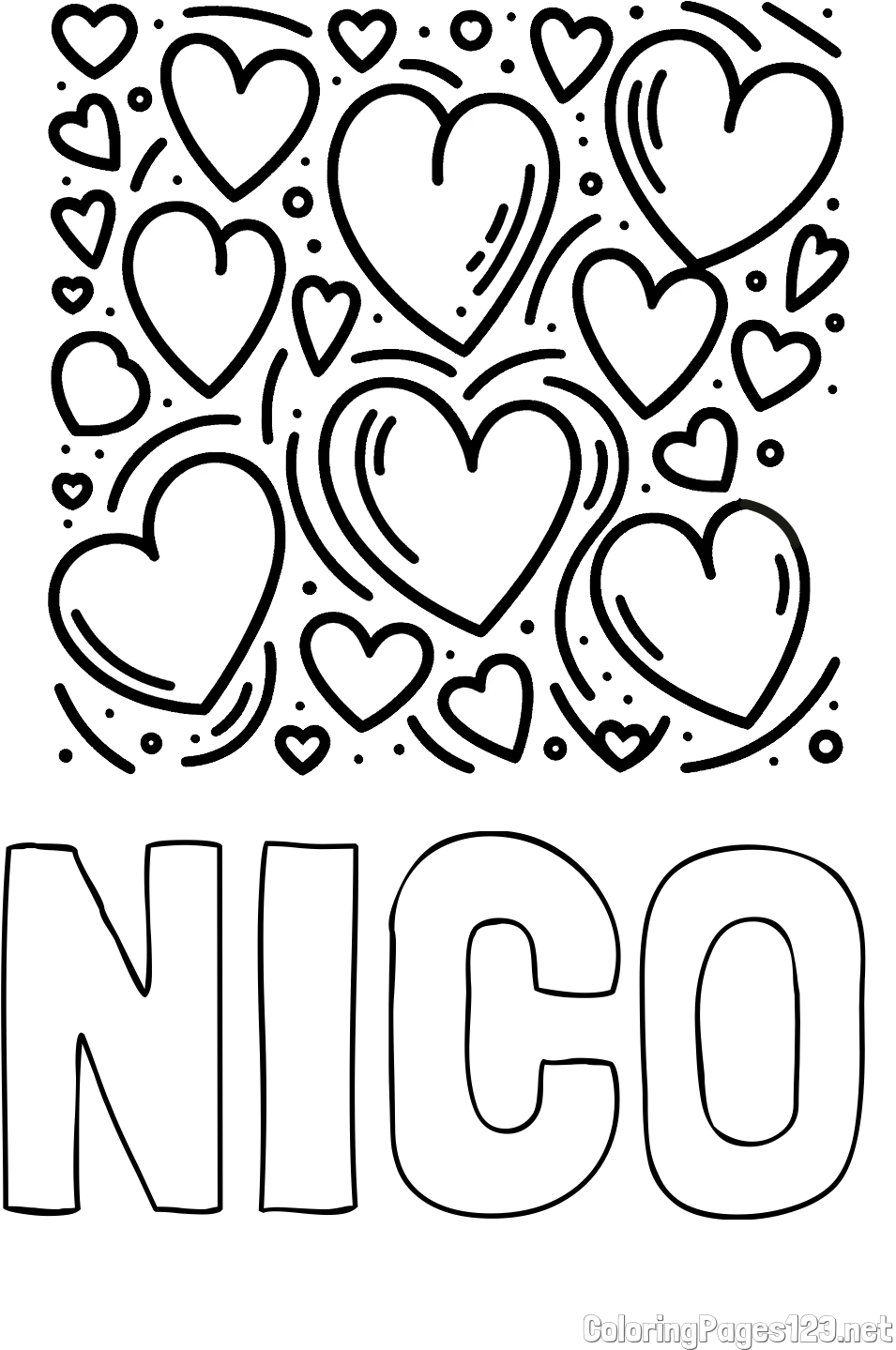 NICO Coloring Page and Free Printable Coloring Page of Hearts