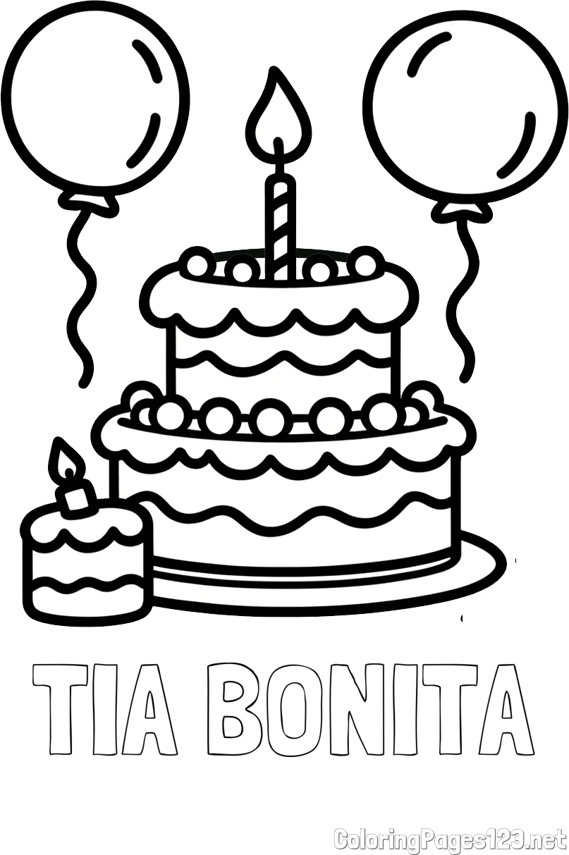 TIA BONITA Coloring Page and Birthday Cake Coloring Page with Balloons